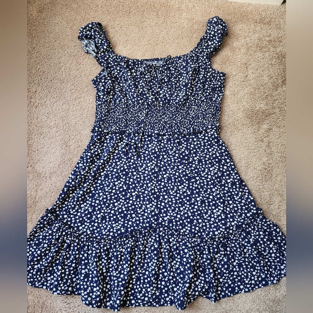 Women's Navy Floral Mini Dress Boho Country Peasant Cottagecore Size XL